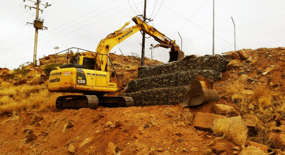 Gabion Wall and Stormwater Remediation Works with yellow crane